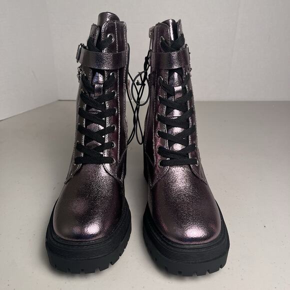 Pop Combat Boots Metallic Purple Lug Sole Heeled Lace Up Chain Punk Size 7 $90 - Picture 5 of 14